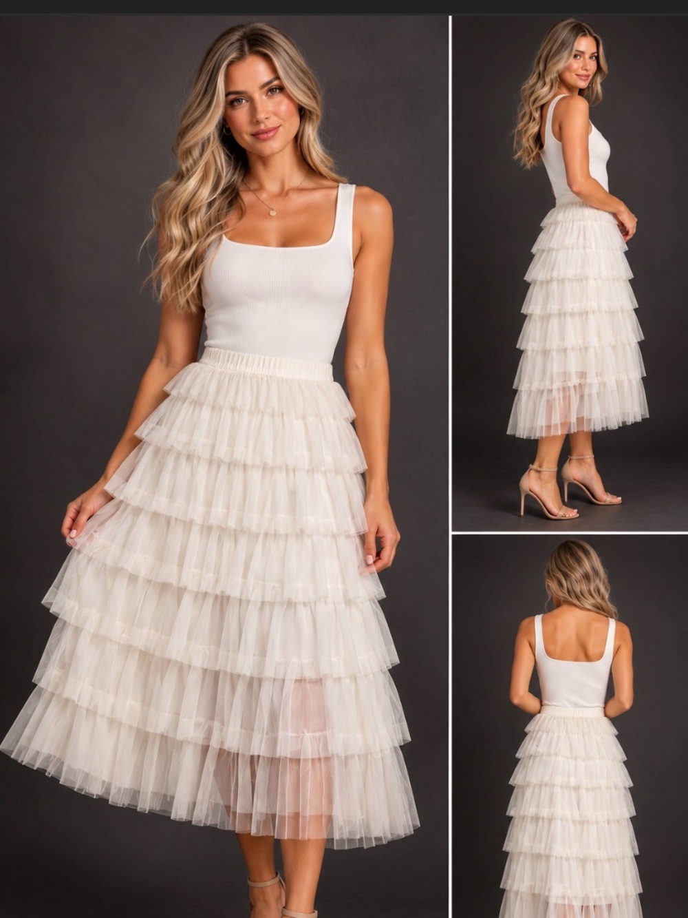 Cupcakes and Cashmere Ivory Tiered Tulle Ruffle Midi Skirt M